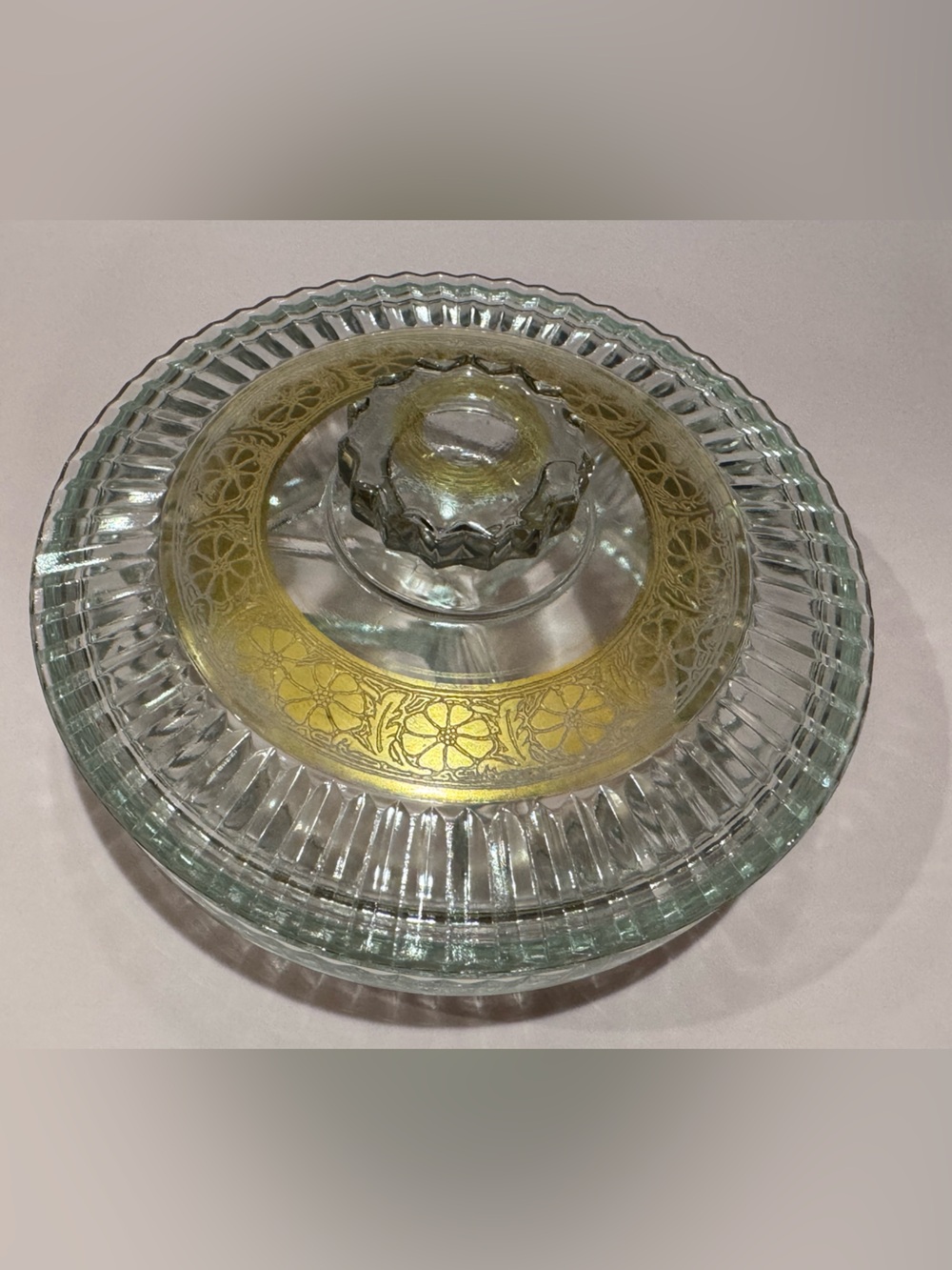 Vintage Tiffin Glass Lidded Divided Dish Gold Encrusted 1950’s Elegant Era